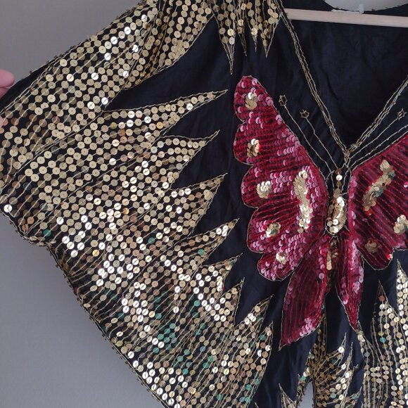 Vintage Butterfly Silk Blouse S M L Gold Red Sequin Fun Disco Going Out Top - Picture 3 of 9